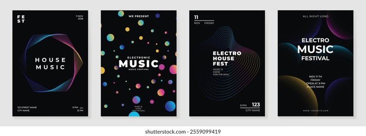 Music poster design background vector set. Electro Sound Cover template with vibrant abstract gradient geometric shape and line wave. Ideal design for social media, flyer, party, music festival, club.