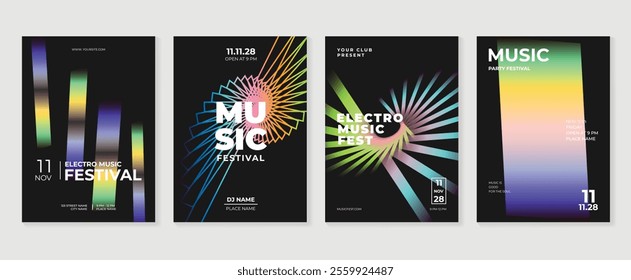 Music poster design background vector set. Electro Sound Cover template with vibrant abstract gradient geometric shape and line wave. Ideal design for social media, flyer, party, music festival, club.