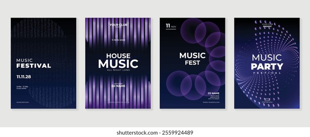 Music poster design background vector set. Electro Sound Cover template with vibrant abstract gradient geometric shape and line wave. Ideal design for social media, flyer, party, music festival, club.