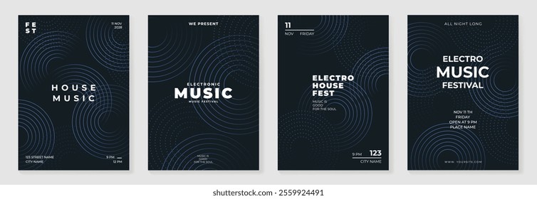 Music poster design background vector set. Electro Sound Cover template with vibrant abstract gradient geometric shape and line wave. Ideal design for social media, flyer, party, music festival, club.