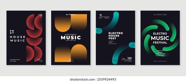 Music poster design background vector set. Electro Sound Cover template with vibrant abstract gradient geometric shape and line wave. Ideal design for social media, flyer, party, music festival, club.