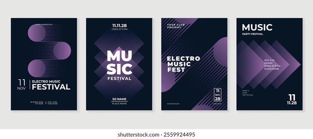 Music poster design background vector set. Electro Sound Cover template with vibrant abstract gradient geometric shape and line wave. Ideal design for social media, flyer, party, music festival, club.