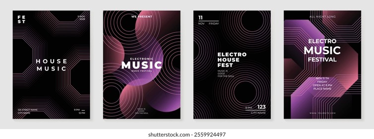 Music poster design background vector set. Electro Sound Cover template with vibrant abstract gradient geometric shape and line wave. Ideal design for social media, flyer, party, music festival, club.