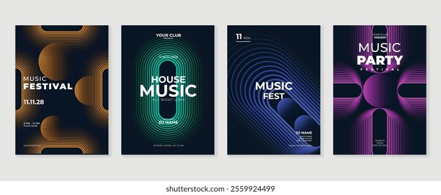 Music poster design background vector set. Electro Sound Cover template with vibrant abstract gradient geometric shape and line wave. Ideal design for social media, flyer, party, music festival, club.