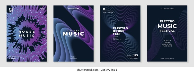 Music poster design background vector set. Electro Sound Cover template with vibrant abstract gradient geometric shape and line wave. Ideal design for social media, flyer, party, music festival, club.