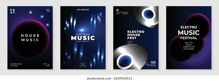 Music poster design background vector set. Electro Sound Cover template with vibrant abstract gradient geometric shape and line wave. Ideal design for social media, flyer, party, music festival, club.