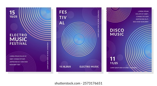 Music poster design background vector set. Modern wallpaper design for social media, idol poster, banner, flyer, party, music festival, club. Electro Sound Cover template. Abstract circle lines.
