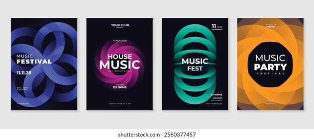 Music poster design background vector set. Electro Sound Cover template with vibrant abstract gradient geometric shape. Ideal design for social media, flyer, party, music festival, club.