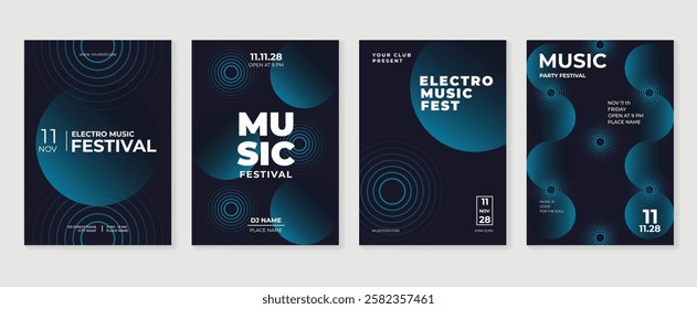 Music poster design background vector set. Electro Sound Cover template with vibrant abstract gradient geometric shape and line wave. Ideal design for social media, flyer, party, music festival, club.