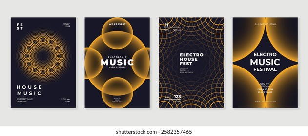 Music poster design background vector set. Electro Sound Cover template with vibrant abstract gradient geometric shape and line wave. Ideal design for social media, flyer, party, music festival, club.