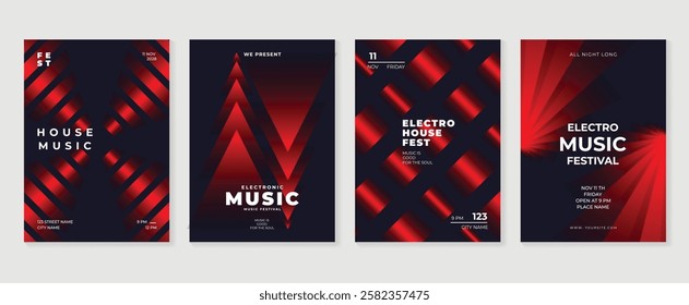 Music poster design background vector set. Electro Sound Cover template with vibrant abstract gradient geometric shape and line wave. Ideal design for social media, flyer, party, music festival, club.