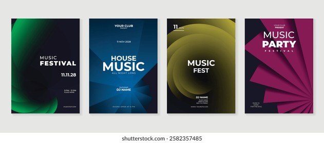 Music poster design background vector set. Electro Sound Cover template with vibrant abstract gradient geometric shape and line wave. Ideal design for social media, flyer, party, music festival, club.