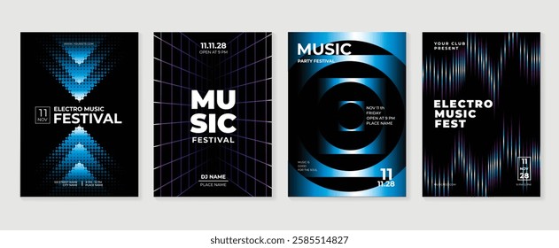 Music poster design background vector set. Electro Sound Cover template with vibrant abstract gradient geometric shape. Ideal design for social media, flyer, party, music festival, club.