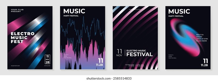 Music poster design background vector set. Electro Sound Cover template with vibrant abstract gradient geometric shape. Ideal design for social media, flyer, party, music festival, club.