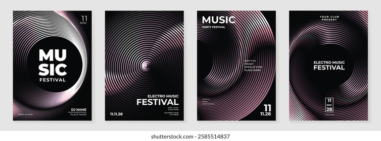 Music poster design background vector set. Electro Sound Cover template with vibrant abstract gradient geometric shape. Ideal design for social media, flyer, party, music festival, club.