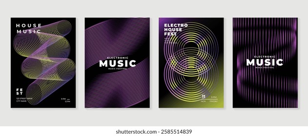 Music poster design background vector set. Electro Sound Cover template with vibrant abstract gradient geometric shape. Ideal design for social media, flyer, party, music festival, club.