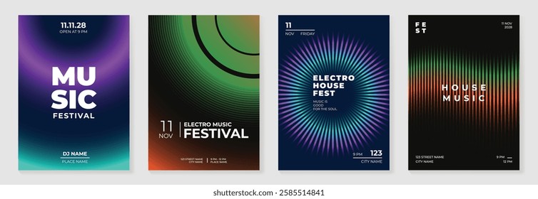 Music poster design background vector set. Electro Sound Cover template with vibrant abstract gradient geometric shape. Ideal design for social media, flyer, party, music festival, club.