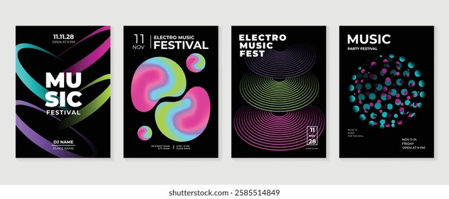 Music poster design background vector set. Electro Sound Cover template with vibrant abstract gradient geometric shape. Ideal design for social media, flyer, party, music festival, club.