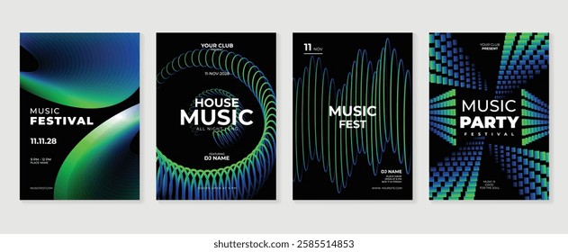 Music poster design background vector set. Electro Sound Cover template with vibrant abstract gradient geometric shape. Ideal design for social media, flyer, party, music festival, club.