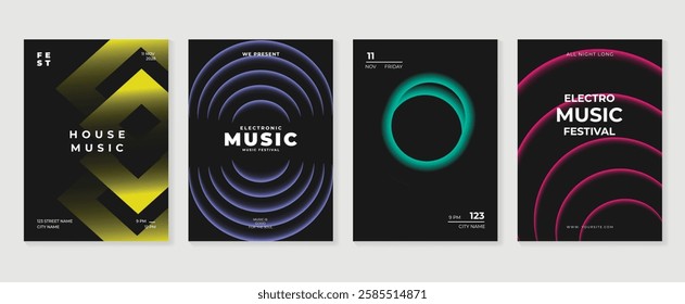 Music poster design background vector set. Electro Sound Cover template with vibrant abstract gradient geometric shape. Ideal design for social media, flyer, party, music festival, club.