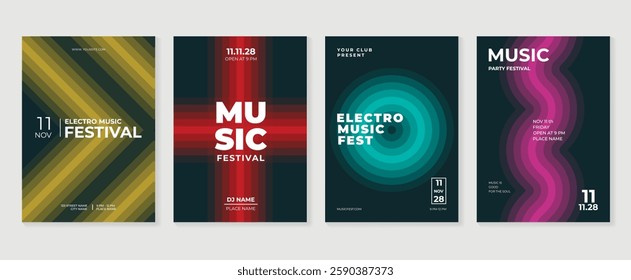 Music poster design background vector set. Electro Sound Cover template with vibrant abstract gradient geometric shape. Ideal design for social media, flyer, party, music festival, club.