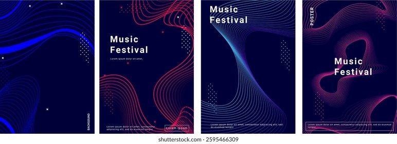 Music poster design background vector set. Electro Sound Cover template with vibrant line wave. Vector illustration