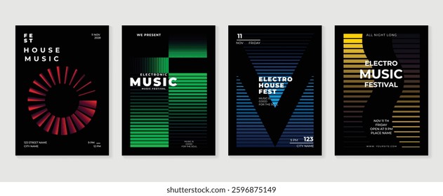 Music poster design background vector set. Electro Sound Cover template with vibrant abstract gradient geometric shape. Ideal design for social media, flyer, party, music festival, club.