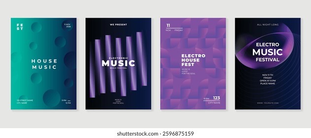 Music poster design background vector set. Electro Sound Cover template with vibrant abstract gradient geometric shape. Ideal design for social media, flyer, party, music festival, club.