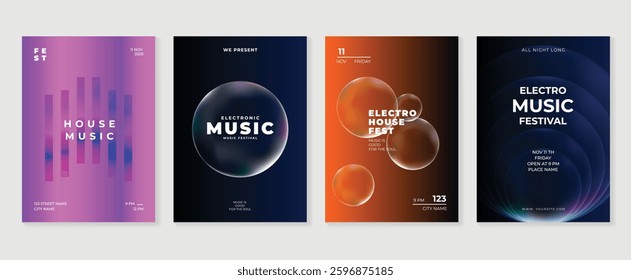 Music poster design background vector set. Electro Sound Cover template with vibrant abstract gradient geometric shape. Ideal design for social media, flyer, party, music festival, club.