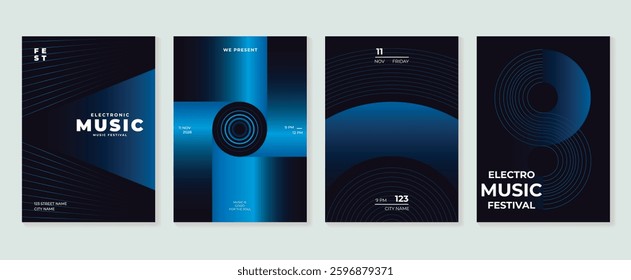 Music poster design background vector set. Electro Sound Cover template with vibrant abstract gradient geometric shape. Ideal design for social media, flyer, party, music festival, club.