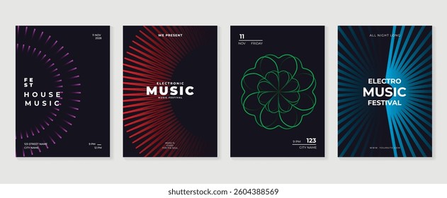 Music poster design background vector set. Electro Sound Cover template with vibrant abstract gradient geometric shape. Ideal design for social media, flyer, party, music festival, club.