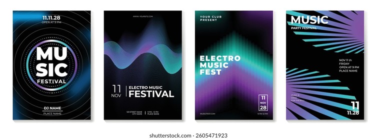 Music poster design background vector set. Electro Sound Cover template with vibrant abstract gradient geometric shape. Ideal design for social media, flyer, party, music festival, club.