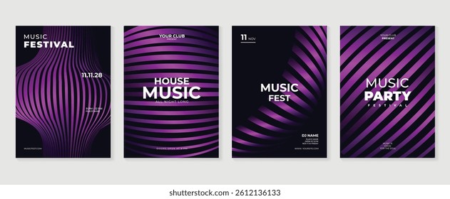 Music poster design background vector set. Electro Sound Cover template with vibrant abstract gradient geometric shape and line wave. Ideal design for social media, flyer, party, music festival, club.