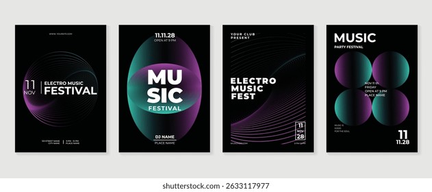 Music poster design background vector set. Electro Sound Cover template with purple abstract gradient geometric shape, line. Ideal design for social media, flyer, party, music festival, club.