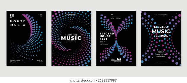 Music poster design background vector set. Electro Sound Cover template with purple abstract gradient geometric shape, dot halftone. Ideal design for social media, flyer, party, music festival, club.