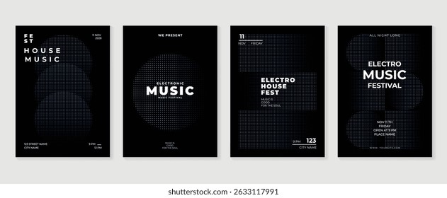 Music poster design background vector set. Electro Sound Cover template with purple abstract gradient geometric shape, dot halftone. Ideal design for social media, flyer, party, music festival, club.