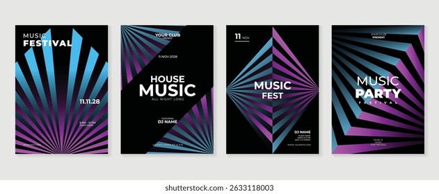 Music poster design background vector set. Electro Sound Cover template with purple abstract gradient geometric shape, line. Ideal design for social media, flyer, party, music festival, club.