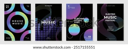 Music poster design background vector set. Electro Sound Cover template with vibrant abstract gradient line wave, geometric shape. Ideal design for social media, flyer, party, music festival, club.