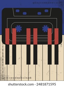 Music Poster design with Grunge Noise texture. Retro Musical banner with piano keys. Vector illustration can used dj party in 90s style.