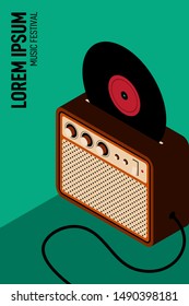 Music poster design template background with phonograph record vintage retro style. Graphic design element can be used for backdrop, banner, brochure, leaflet, publication, vector illustration