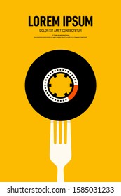 Music poster design template background with cassette tape and fork. Graphic design element can be used for backdrop, banner, brochure, leaflet, publication, vector illustration