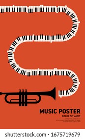 Music poster design template background with trumpet and piano keyboard. Graphic design element can be used for backdrop, banner, brochure, leaflet, publication, vector illustration