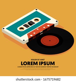 Music poster design template background with isometric vinyl record and cassette tape modern vintage retro style. Applicable to banner, brochure, publication, vector illustration