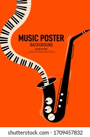 Music poster design template background decorative with saxophone and piano keyboard. Graphic design element can be used for backdrop, banner, brochure, leaflet, publication, vector illustration