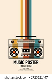 Music poster design template background decorative with retro portable boombox outline. Graphic design element can be used for backdrop, banner, brochure, leaflet, publication, vector illustration