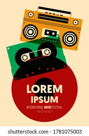 Music poster design template background with transparent cassette tape, boombox, vinyl record. Design element template can be used for backdrop, banner, brochure, leaflet, print, vector illustration