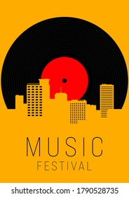 Fondo de diseño de afiches musicales con discos de vinilo y paisajes urbanos. La plantilla de elemento de diseño se puede utilizar para el fondo, el banner, el folleto, el folleto, la impresión, la publicación, la ilustración vectorial
