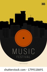 Fondo de diseño de afiches musicales con discos de vinilo y paisajes urbanos. La plantilla de elemento de diseño se puede utilizar para el fondo, el banner, el folleto, el folleto, la impresión, la publicación, la ilustración vectorial