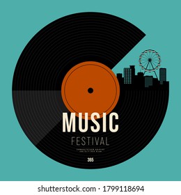 Music poster design template background with vinyl record and urban cityscape. Design element template can be used for backdrop, banner, brochure, leaflet, print, publication, vector illustration