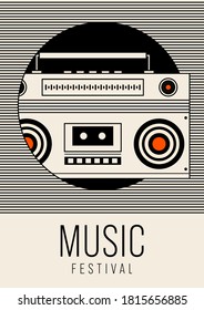 Music poster design template background with outline portable boombox vintage retro style. Design element template can be used for banner, brochure, leaflet, print, invitation, vector illustration